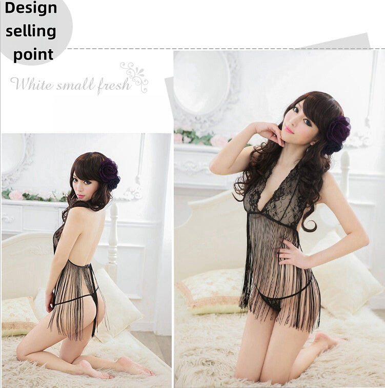 C47  Europe and the United States sexy underwear lace cleavage attractive pajamas mesh slip skirt hanging neck fringe