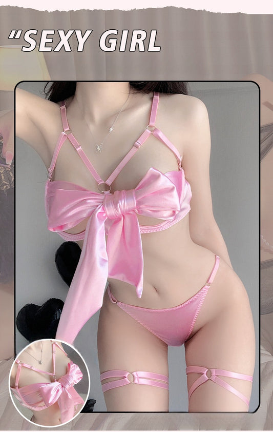 C56 Summer European and American women sexy bow suspenders sexy underwear three-piece set