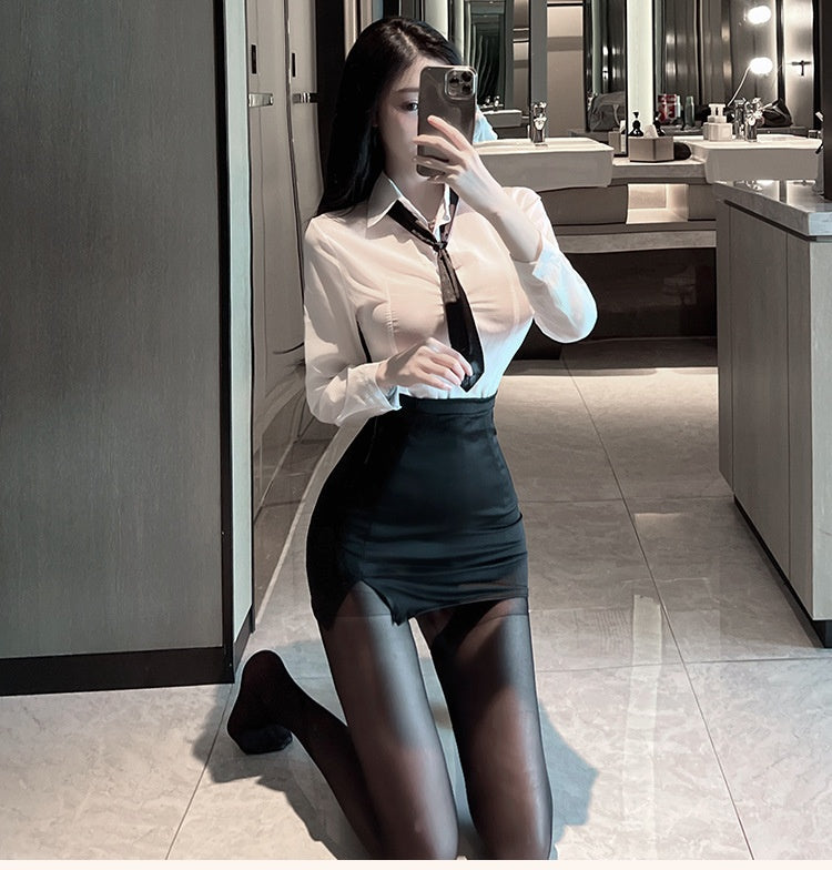 A156 Sexy underwear sexy perspective long-sleeved shirt hot bag hip skirt temptation secretary professional clothing