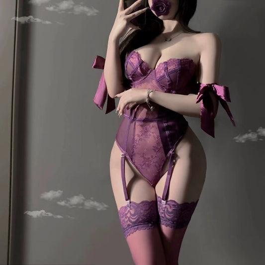 C71 Sexy lingerie purple lace onesie set pajamas