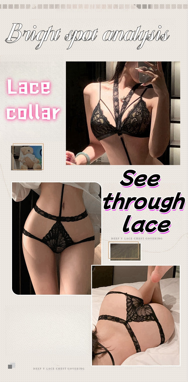 C16  Hollow neck open crotch sexy underwear transparent tulle clothing set