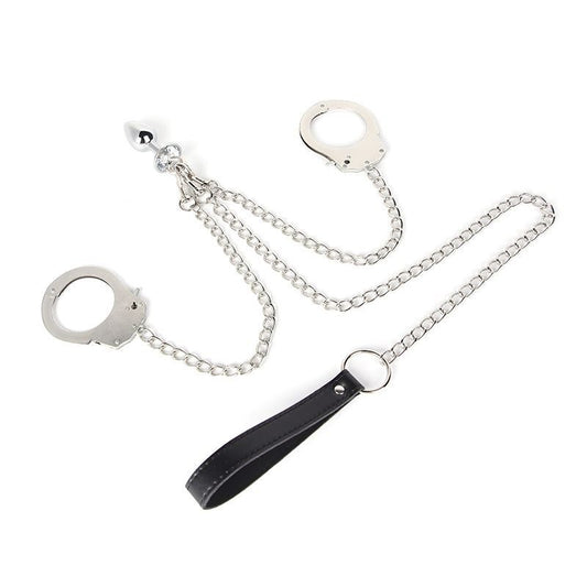 D5 Sexy SM toys Metal anal plug Handcuffs strap chain feminine conditioning props anal plug sex products